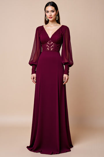 Burgundy Long Sleeves Mother Of The Bride Dress with Appliques